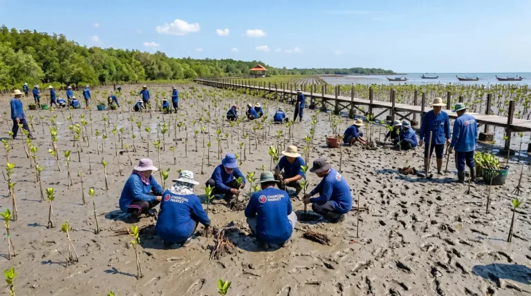 タイ沿岸でのマングローブ植林の様子